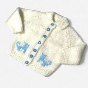 Vintage Toddler Knitted Sweater, Hand Made Cardigan, Blue Cats, Crotchet